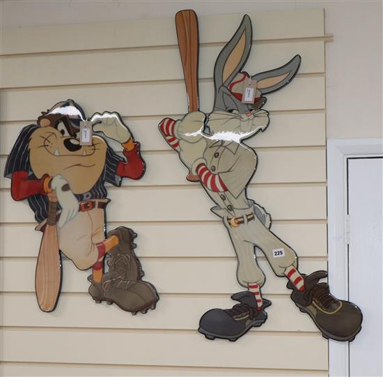 Two vintage Warner Brothers Looney Tunes Glazercut hanging wall figures of Bugs Bunny and the Tasmanian Devil, Bugs Bunny 93cm